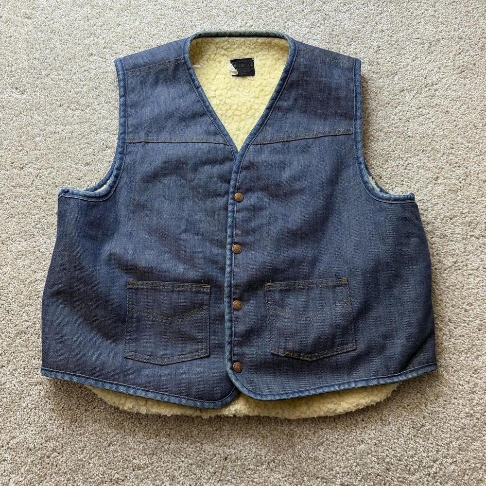 Vintage Roebucks Vest Mens XL Blue Denim Sherpa Lined Snap Western Workwear